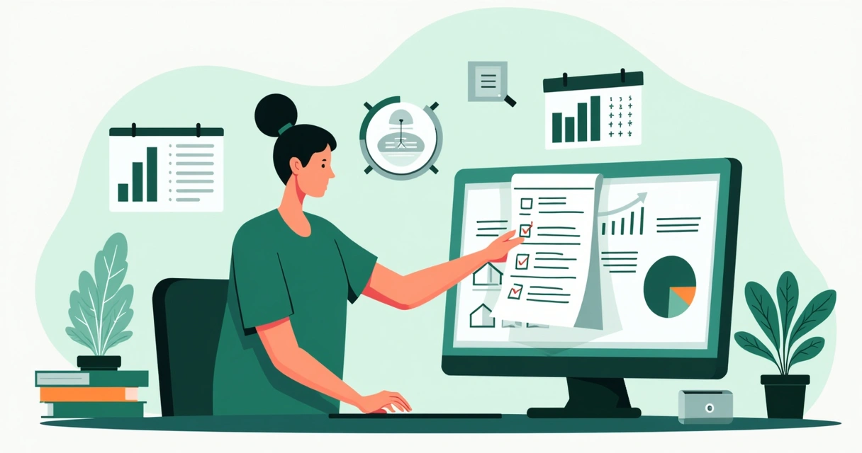 Ilustração corporativa de pessoa organizando documentos fiscais e bancários com checklist na tela do computador