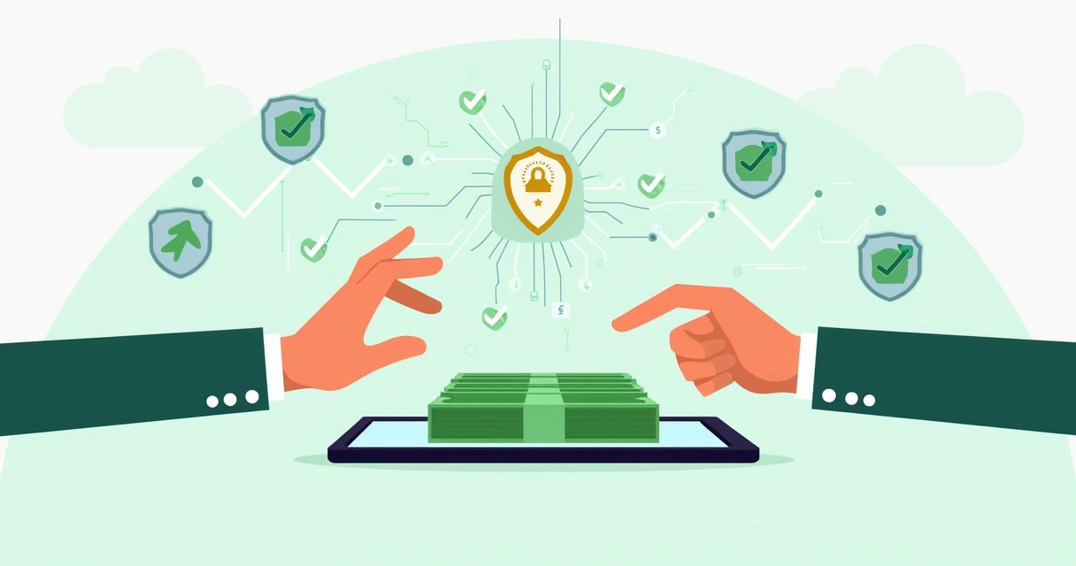 Ilustração corporativa plana mostrando transação digital segura com duas mãos trocando dinheiro virtual em um smartphone, com ícones de segurança e relógio indicando rapidez