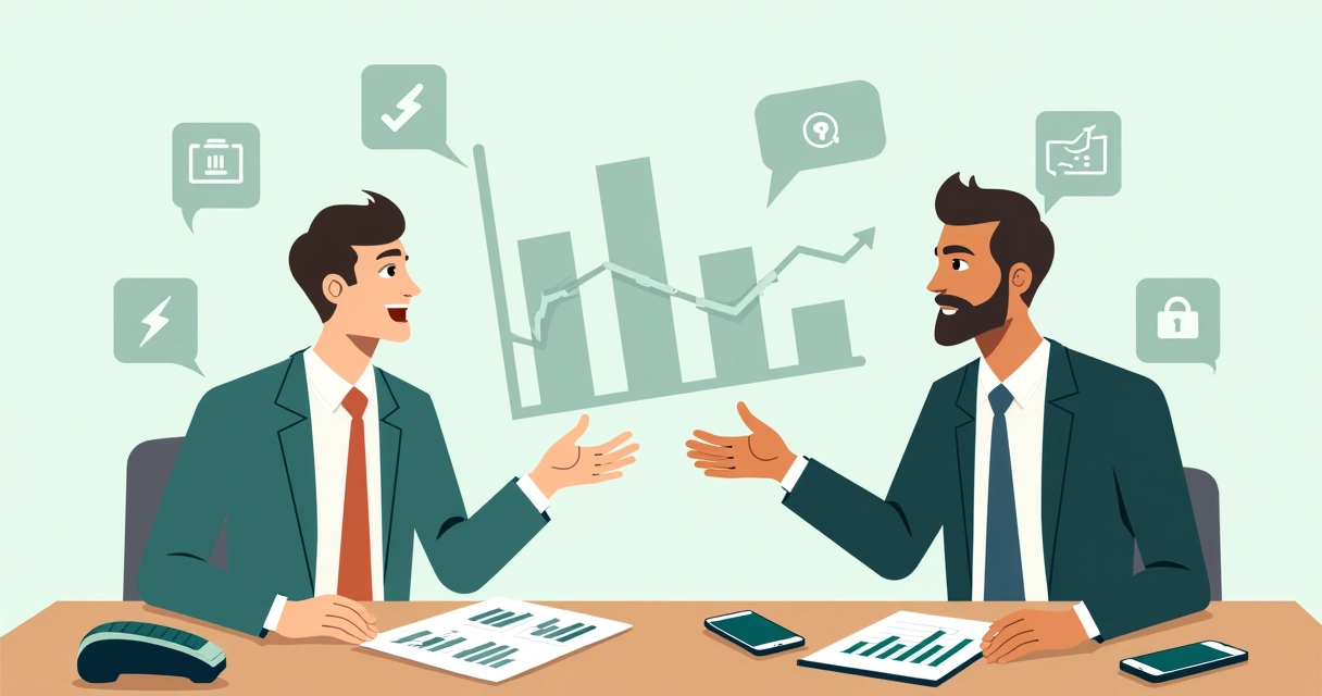 Ilustração flat corporativa mostrando profissionais negociando taxas em uma mesa com gráficos e dispositivos de pagamento