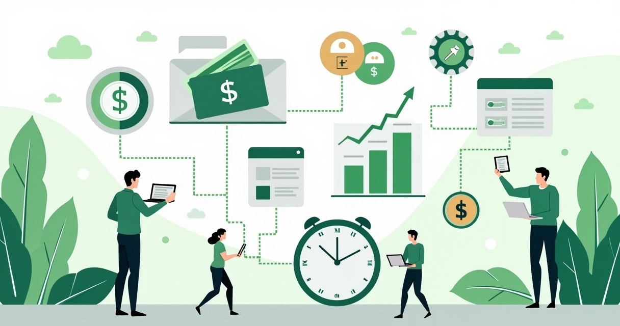Ilustração corporativa plana mostrando várias plataformas de pagamento digitais conectadas com ícones de parcelas, taxas e gráficos de crescimento