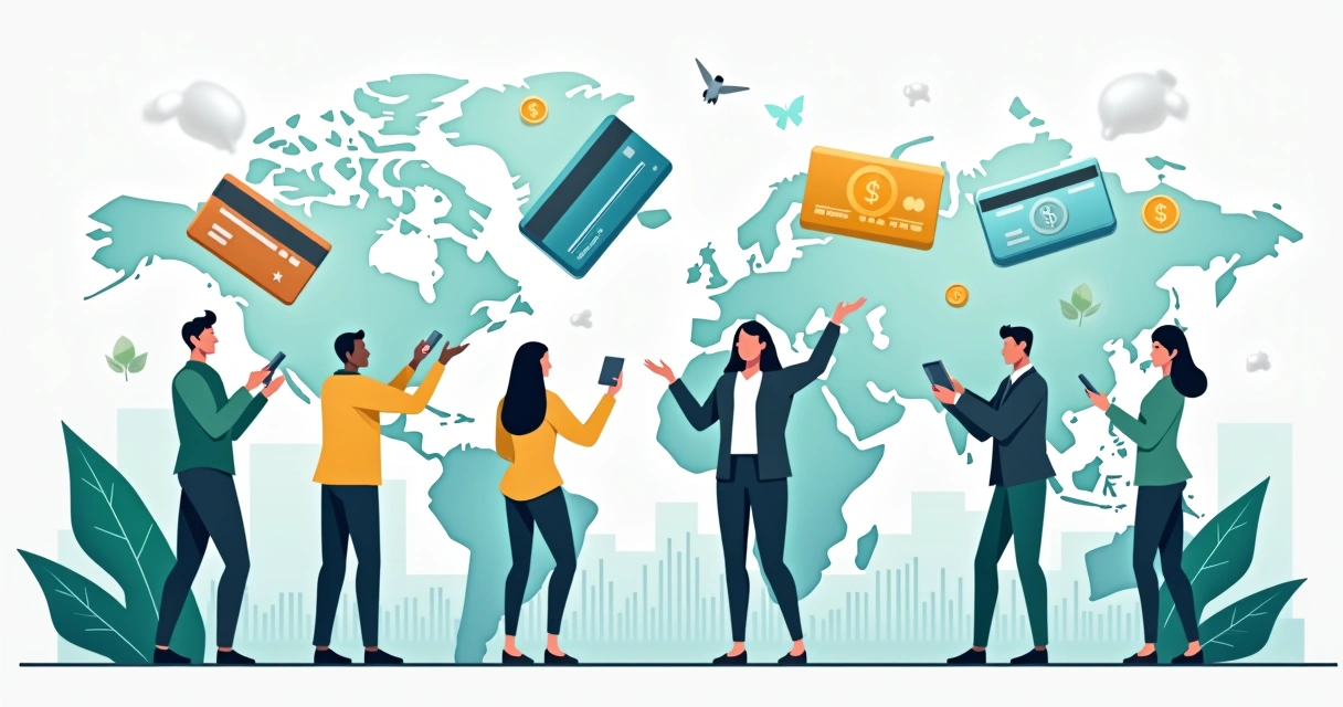 Ilustração corporativa com pessoas e símbolos de pagamento internacional, moedas e gráficos