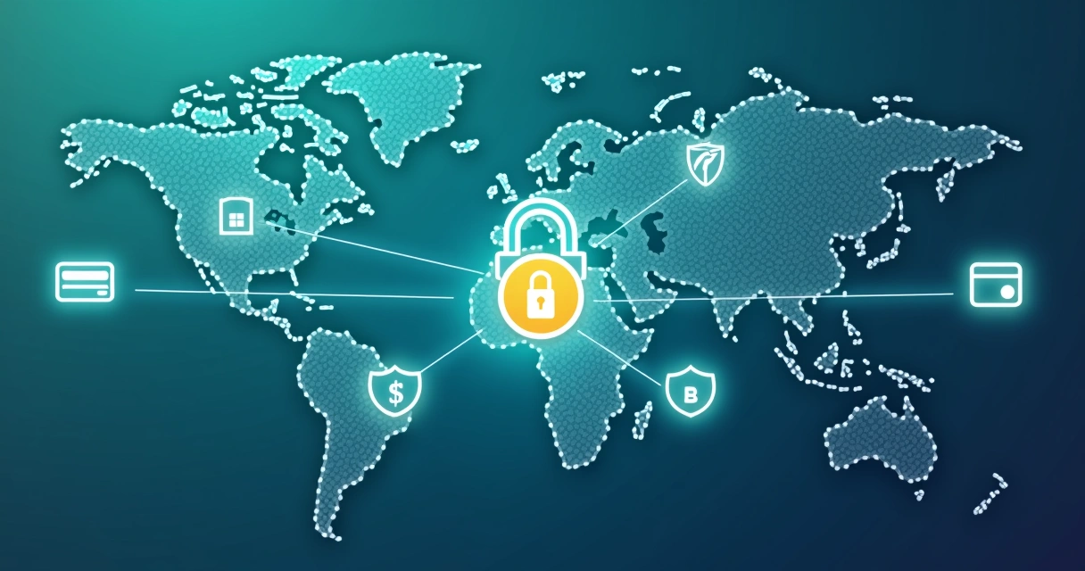 Ilustração de transações digitais rápidas e seguras entre países com ícones de pagamento e laços de conexão