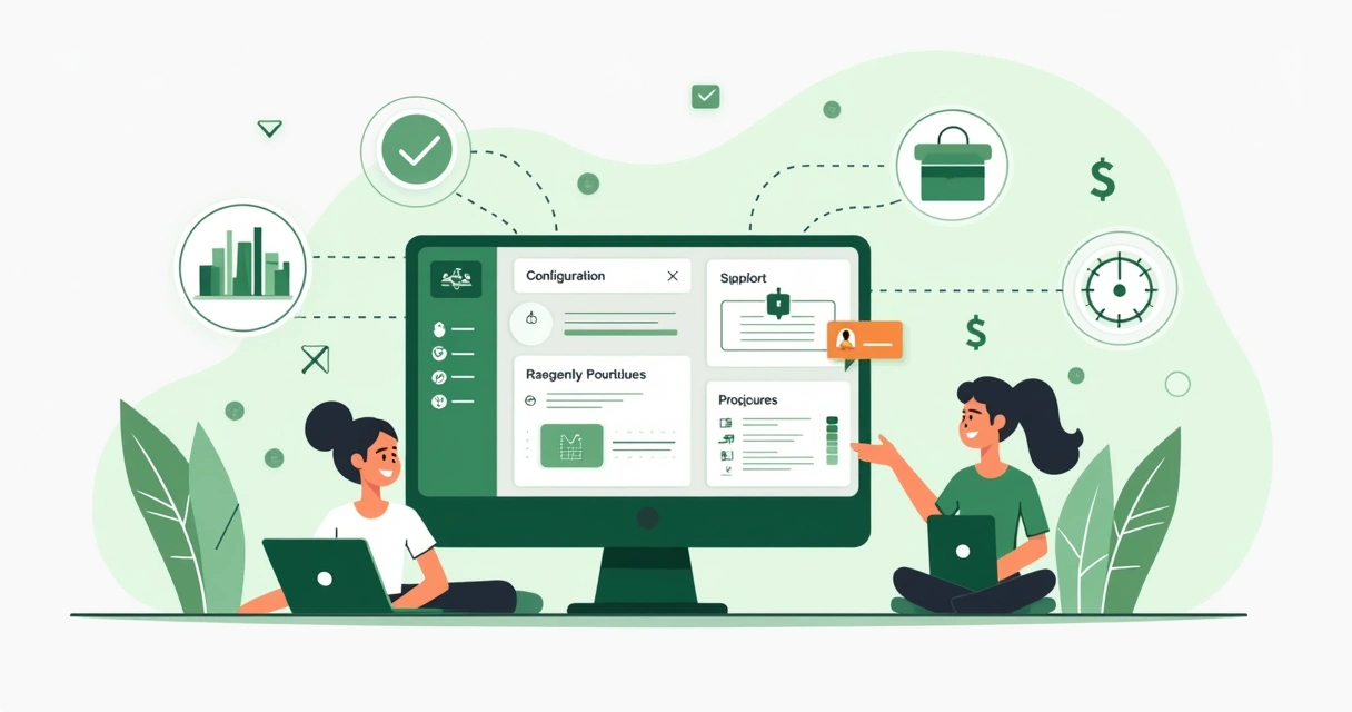 Ilustração do painel simples e intuitivo da HyperCash com fluxogramas de configuração e suporte