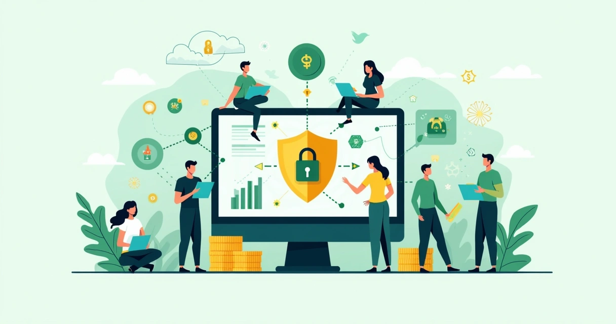 Ilustração corporativa flat de plataformas digitais seguras e confiáveis com cadeado, padrões de segurança e pessoas conectadas