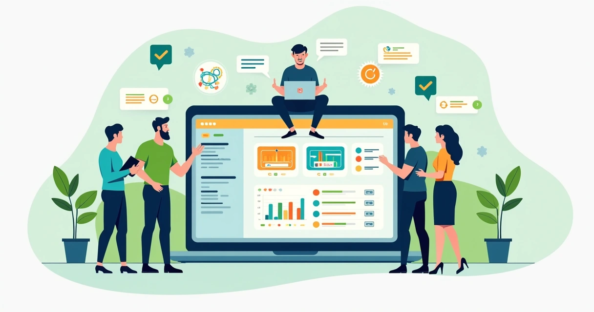 Ilustração corporativa flat de empreendedores analisando plataformas de pagamento no computador com gráficos de taxas e símbolos de aprovação e restrição