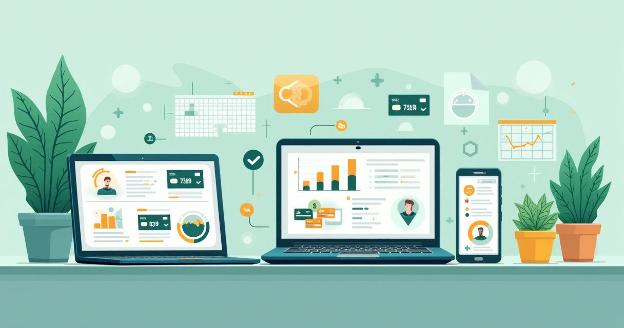Ilustração de laptops e smartphones exibindo plataformas de pagamento por link com gráficos de aprovação e estabilidade
