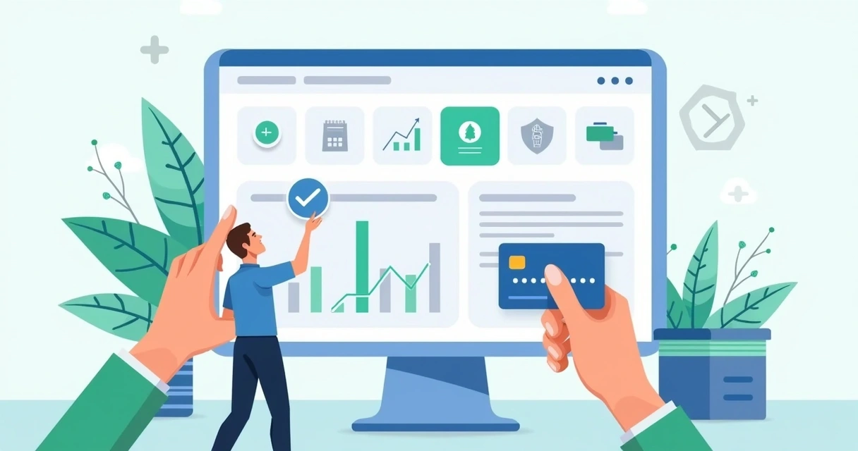 Ilustração corporativa flat de plataforma digital para pagamentos recorrentes com ícones de cartão, calendário e gráfico de crescimento