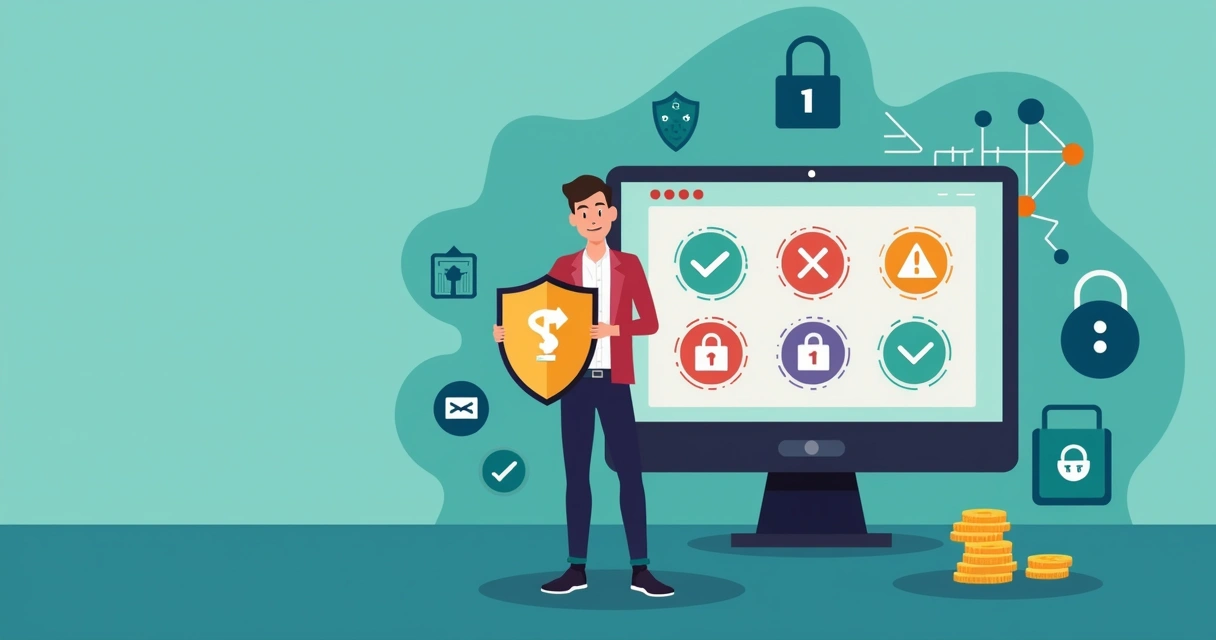 Ilustração flat corporate de empresário digital segurando escudo de proteção em frente a computador com alertas de bloqueio ao fundo