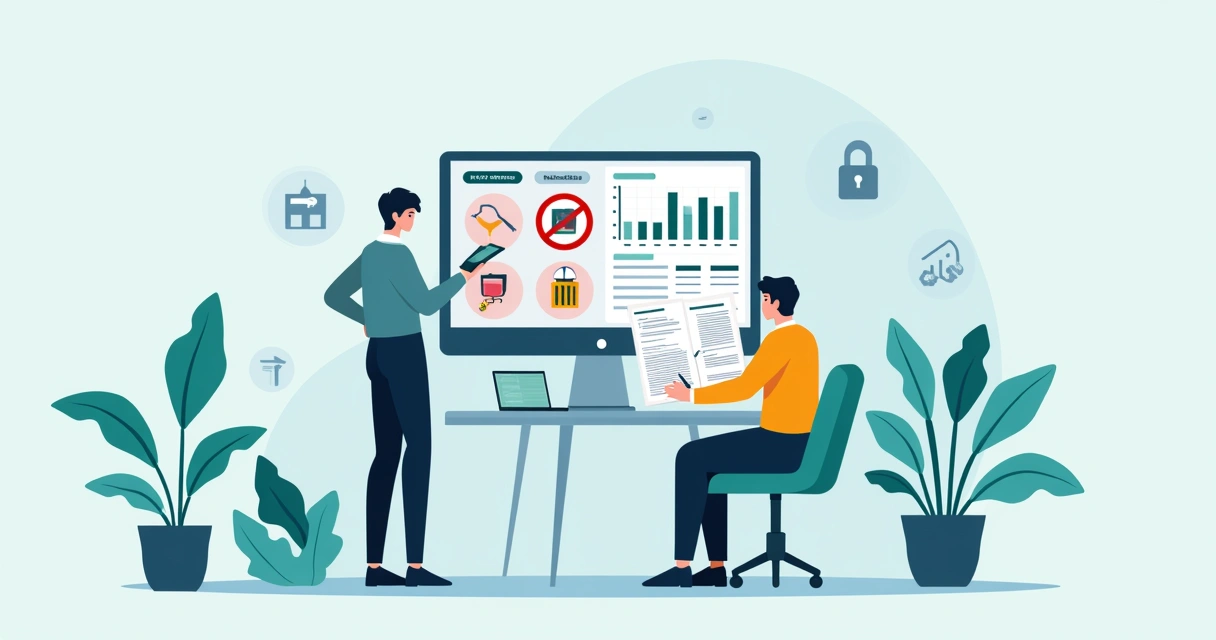 Ilustração corporativa de uma plataforma digital com ícones de produtos aceitos e proibidos, ao lado de uma pessoa analisando documentos e gráficos representando regras e alternativas para vendas online