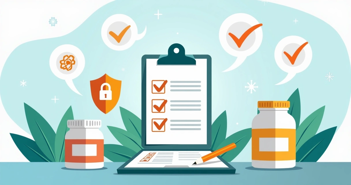 Ilustração corporativa plana mostrando produtos nutracêuticos com documentos legais e símbolos de regulamentação ao redor