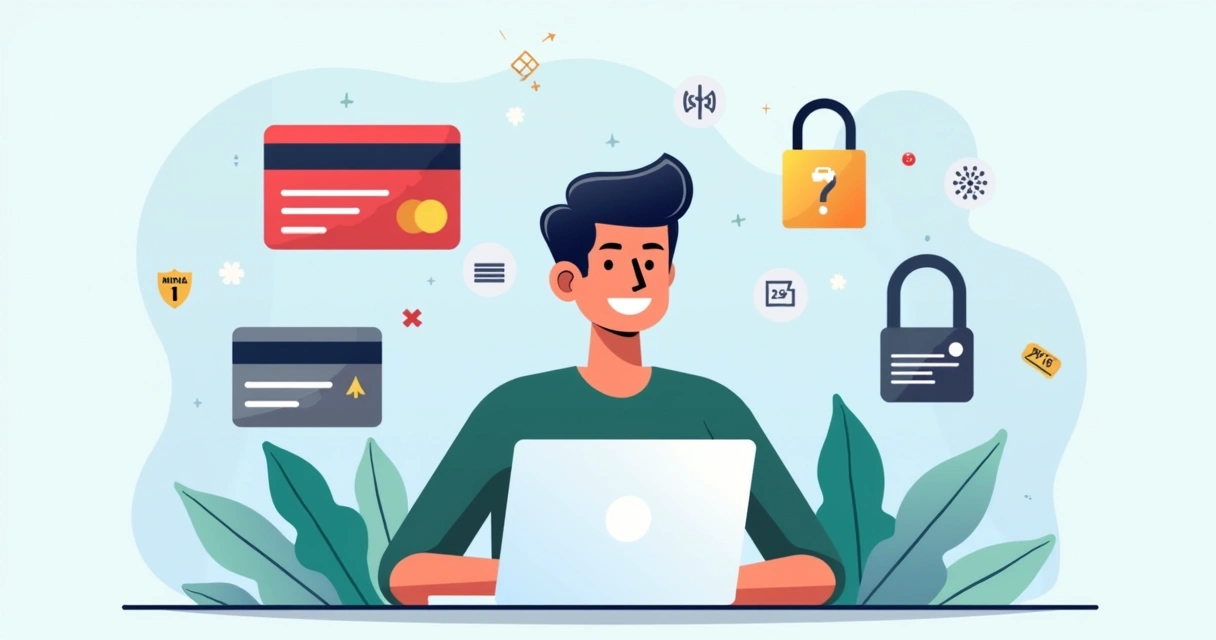 Ilustração de compras online com símbolos de alerta e cadeado representando segurança e reprovação de pagamento