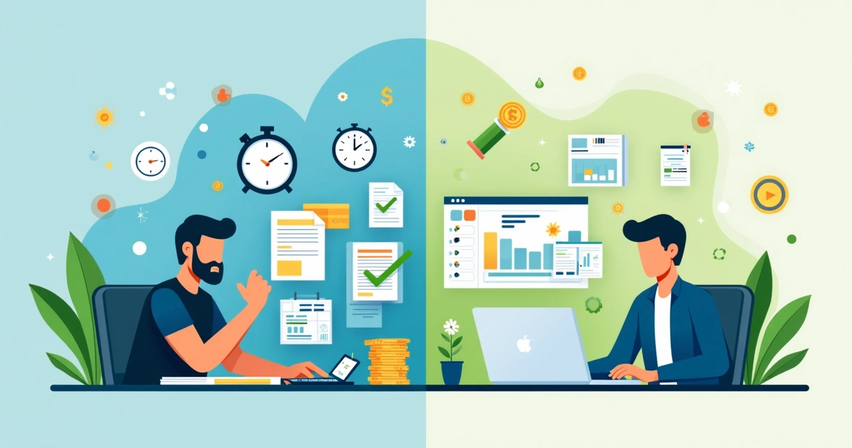 Comparação entre rotina financeira com ERP integrado e processo manual ilustrada com computadores e documentos