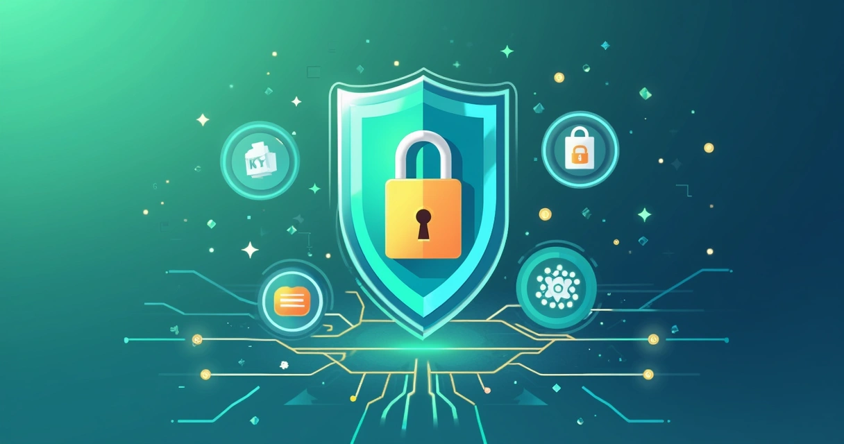 Ilustração corporativa de cadeado digital protegido por escudo em ambiente com redes e símbolos de criptografia