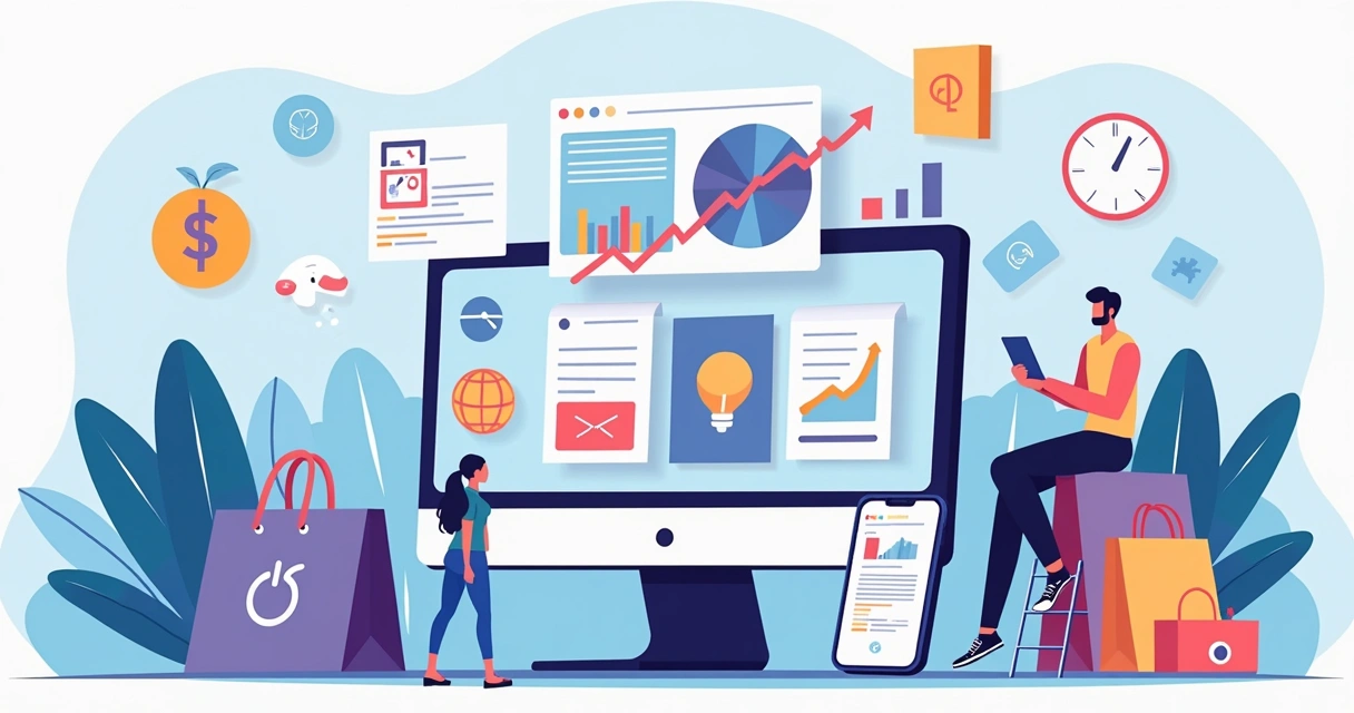 Ilustração flat de empresário digital analisando bancos digitais para dropshipping com gráficos, moedas e smartphone