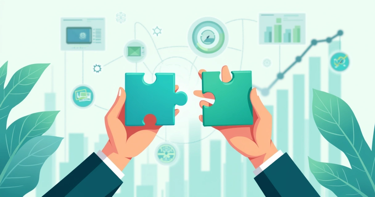 Ilustração corporativa flat mostrando duas mãos segurando peças de quebra-cabeça que representam solução tudo-em-um e ferramentas avulsas, com gráficos de crescimento e ícones de tecnologia ao fundo