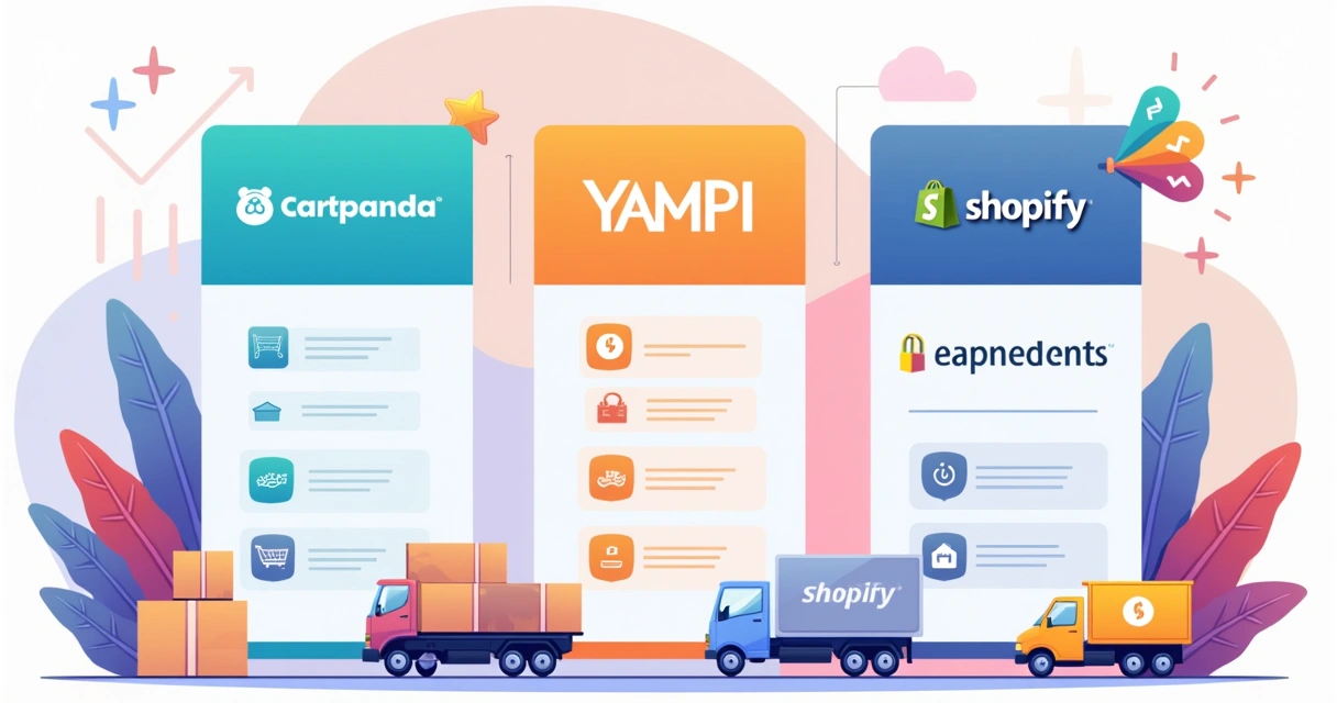 Ilustração flat corporativa mostrando comparação de soluções de checkout Cartpanda, Yampi e Shopify Payments com ícones e elementos digitais coloridos