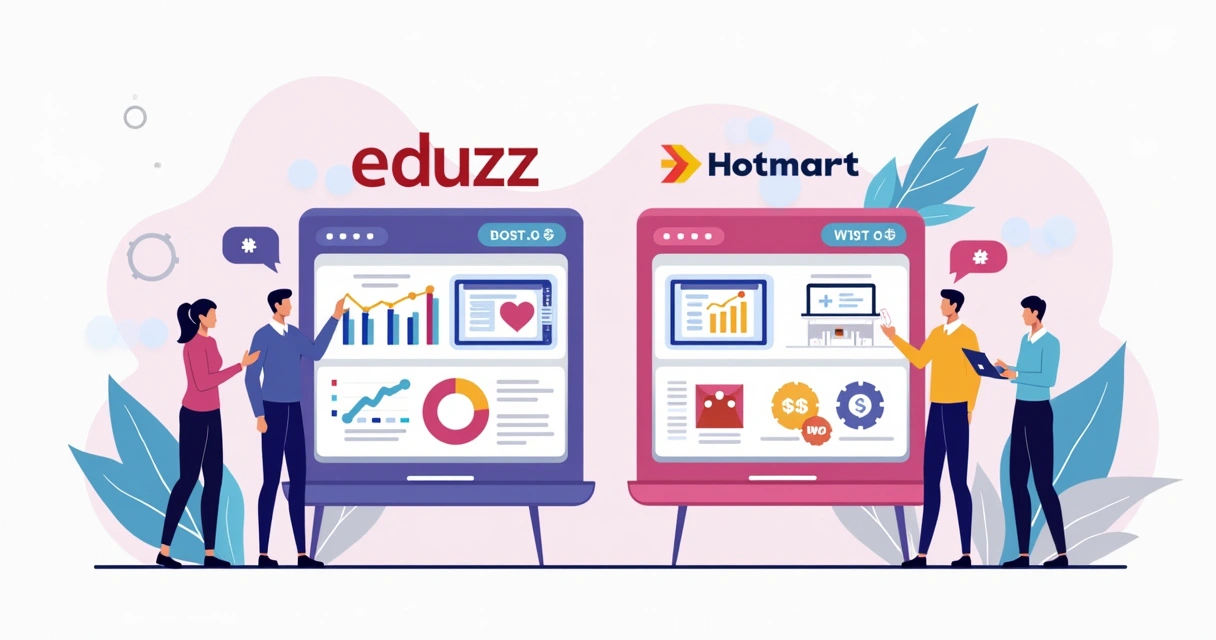 Ilustração corporativa mostrando comparação entre plataformas Eduzz e Hotmart para split de pagamento, com gráficos, ícones de cifrões, pessoas interagindo e elementos digitais em cores vibrantes