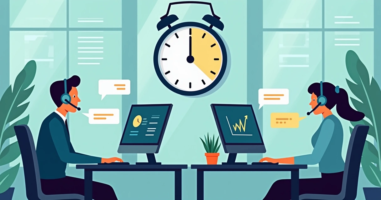 Representação do suporte ao cliente ativo fora do horário comercial com atendentes em fones de ouvido e computadores, relógio mostrando noite, tela com mensagens e gráficos de atendimento