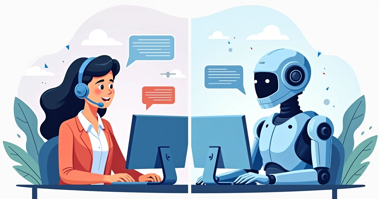 Ilustração corporativa dividida mostrando um atendente humano com headsets e um robô com tela digital, cada um resolvendo um problema diferente em um cenário de escritório moderno, cores claras e vibrantes