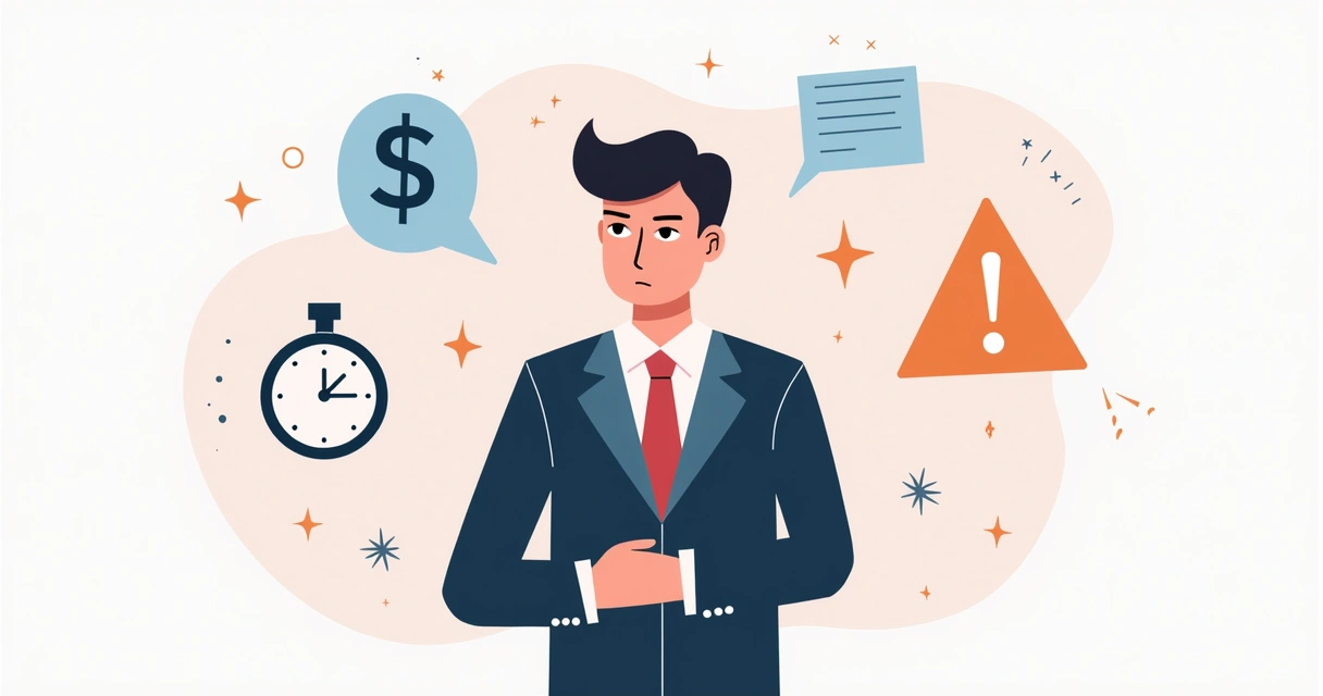 Ilustração corporativa de fornecedor suspeito com sinais de alerta ao redor, como relógio e cifrão