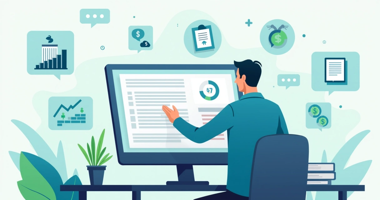 Ilustração corporativa de uma pessoa analisando contrato digital com ícones de pagamento e taxa ao redor