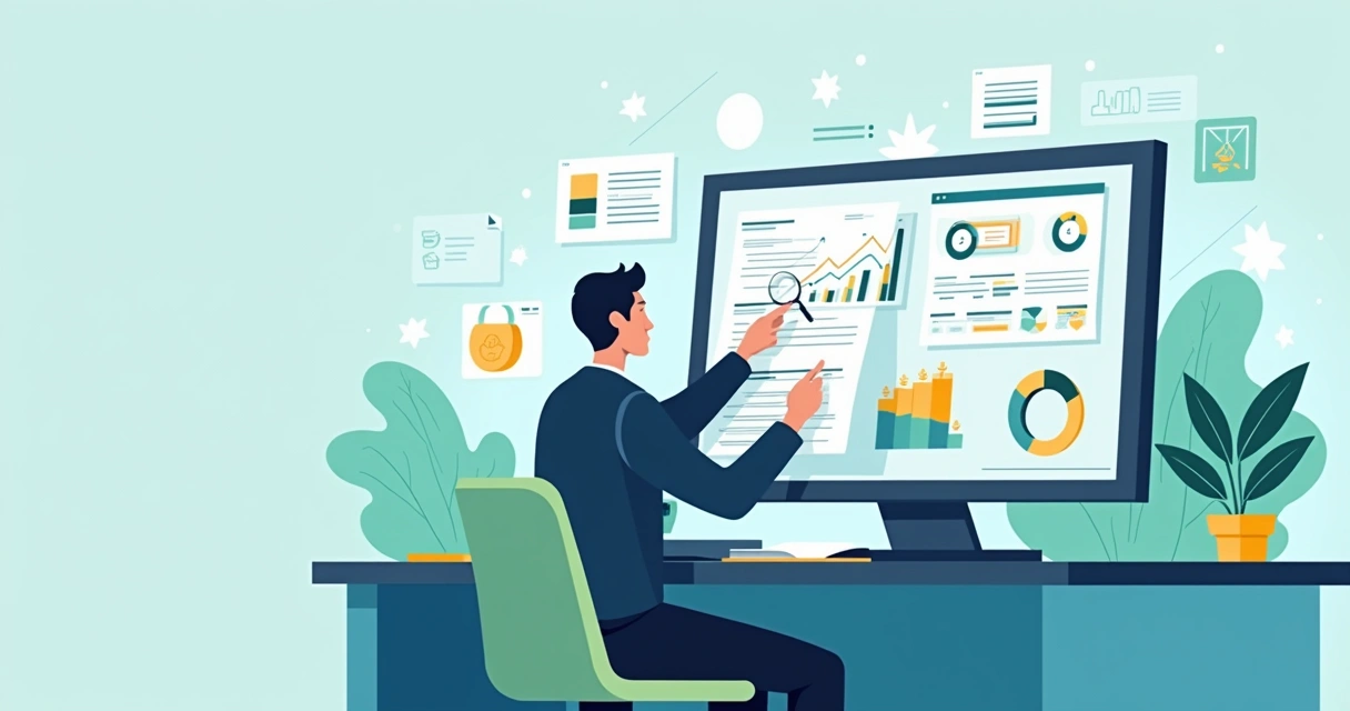 Ilustração corporativa de pessoa analisando documentos e métricas em tela digital
