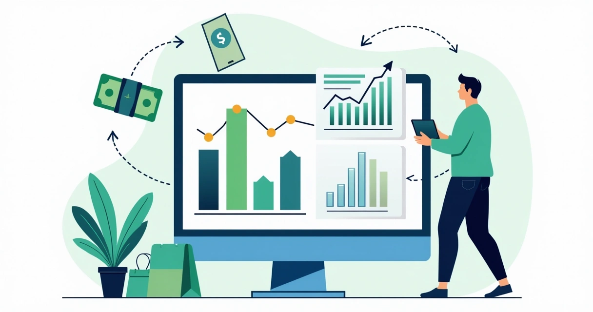 Ilustração plana corporativa mostrando um empreendedor digital analisando gráficos financeiros em uma tela, com ícones de dinheiro, sacolas e fornecedor conectados por setas ao redor