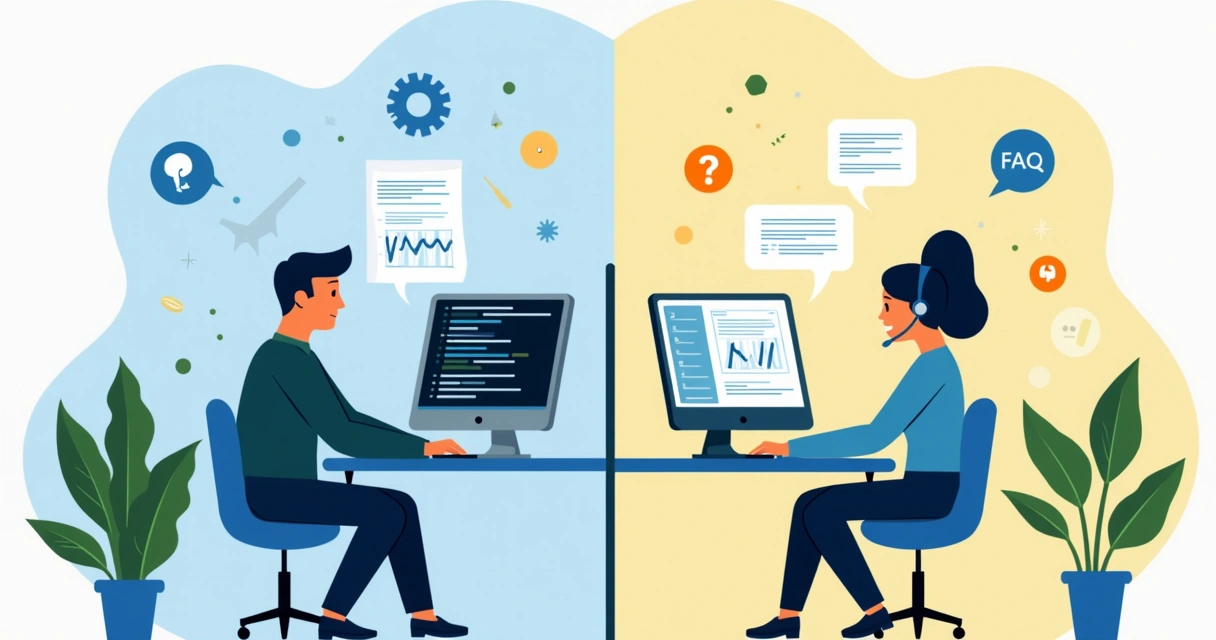 Ilustração corporativa mostrando duas pessoas atendendo clientes, uma em suporte técnico avançado com telas e códigos, outra em atendimento simples com chat e perguntas frequentes