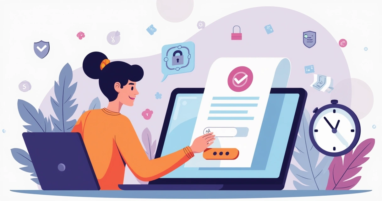 Ilustração corporativa plana mostrando pessoa ativando conta de pagamento online rápido em laptop, documentos digitais e relógio indicando agilidade