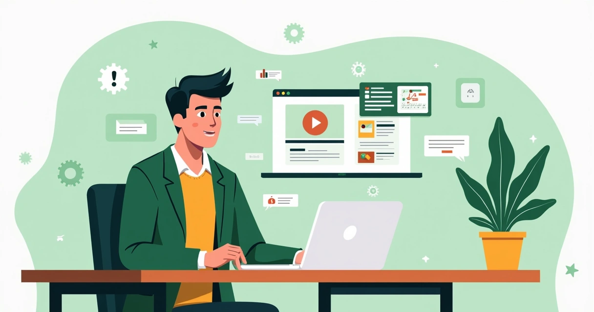 Ilustração corporativa flat de pessoa usando suporte self-service digital com tutoriais e automações no computador