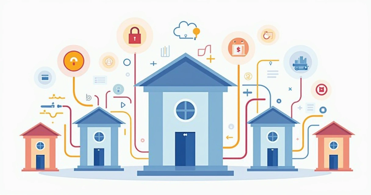 Ilustração flat mostrando várias contas bancárias conectadas a diferentes gateways de pagamento com gráficos e cadeados simbolizando segurança e divisão de saldos