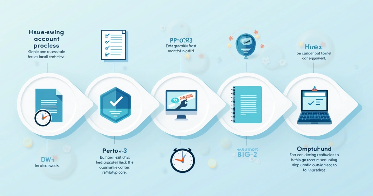 Ilustração corporativa em estilo flat mostrando um processo passo a passo para encerrar conta digital, com ícones de documentos, checklist, botões de confirmação e relógio, fundo azul claro