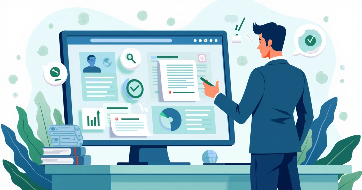Ilustração corporativa mostrando empresário analisando opções de gateways de pagamento com checklist e gráficos ao fundo