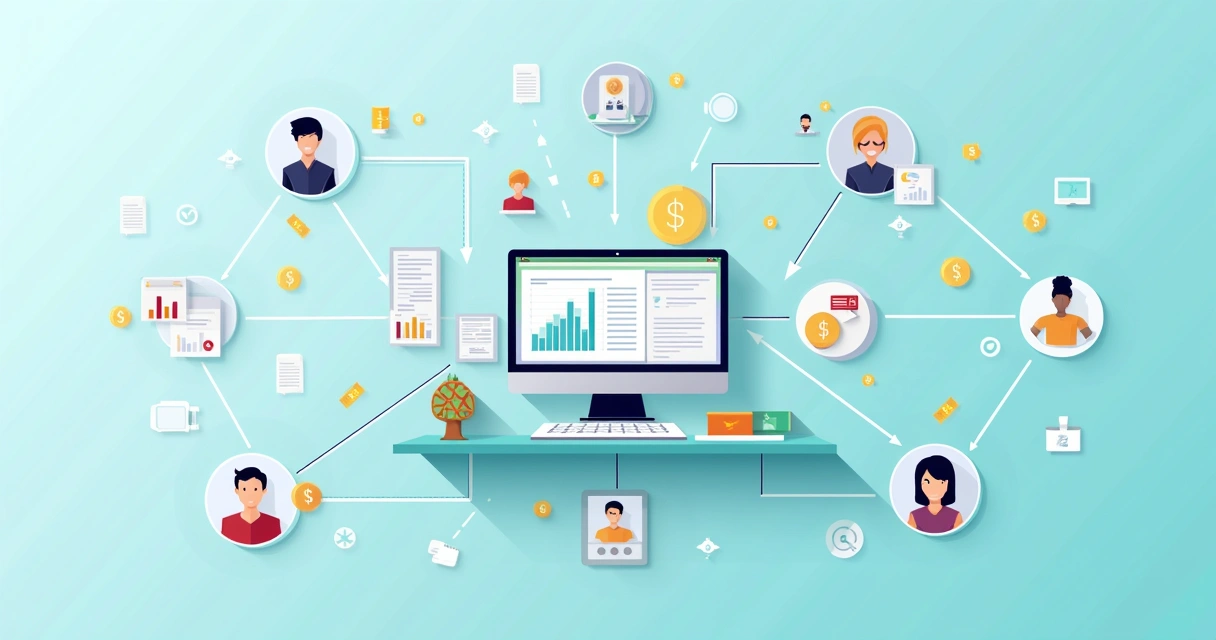 Ilustração corporativa flat mostrando múltiplas contas digitais conectadas a um gateway de pagamento central, com gráficos e ícones de transações organizadas