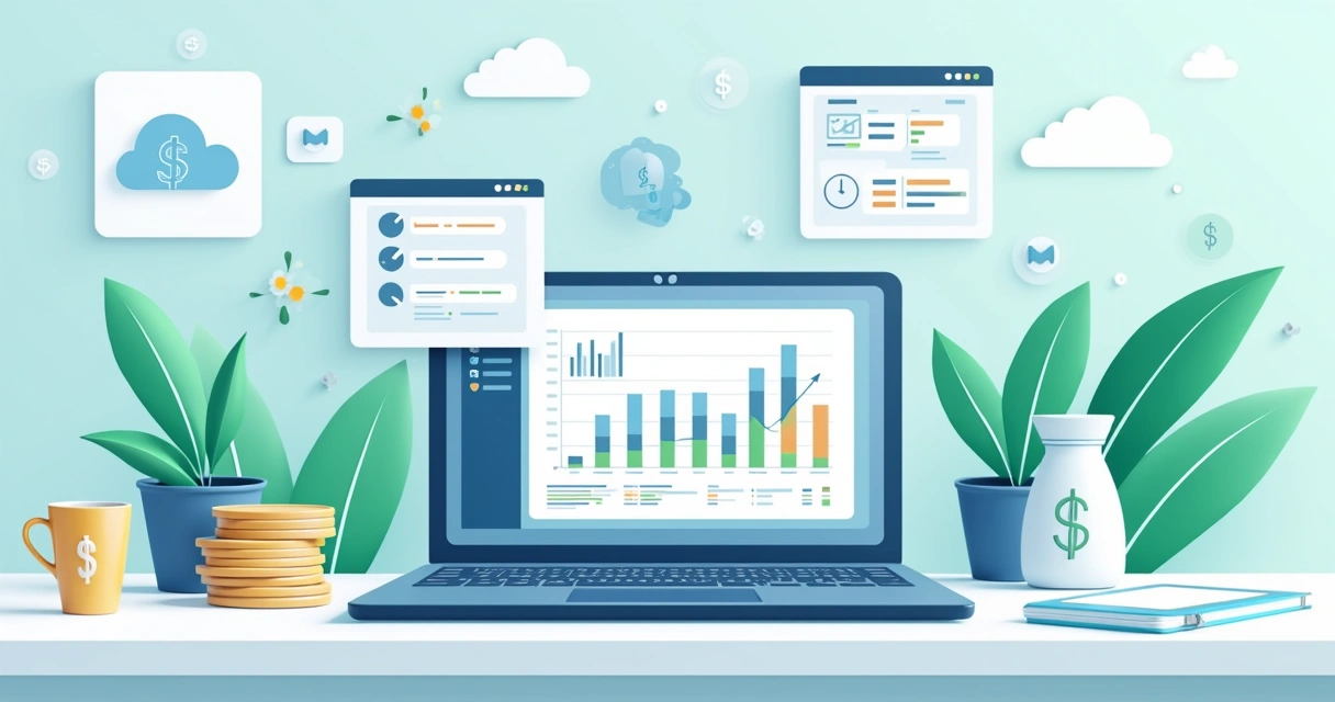 Ilustração flat corporativa de painel digital mostrando gráficos financeiros, extratos detalhados e integrações automáticas