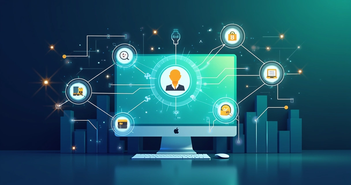 Ilustração corporativa flat de tela de computador com fluxo de dados conectando sistemas de pagamento, ERP, automação e antifraude