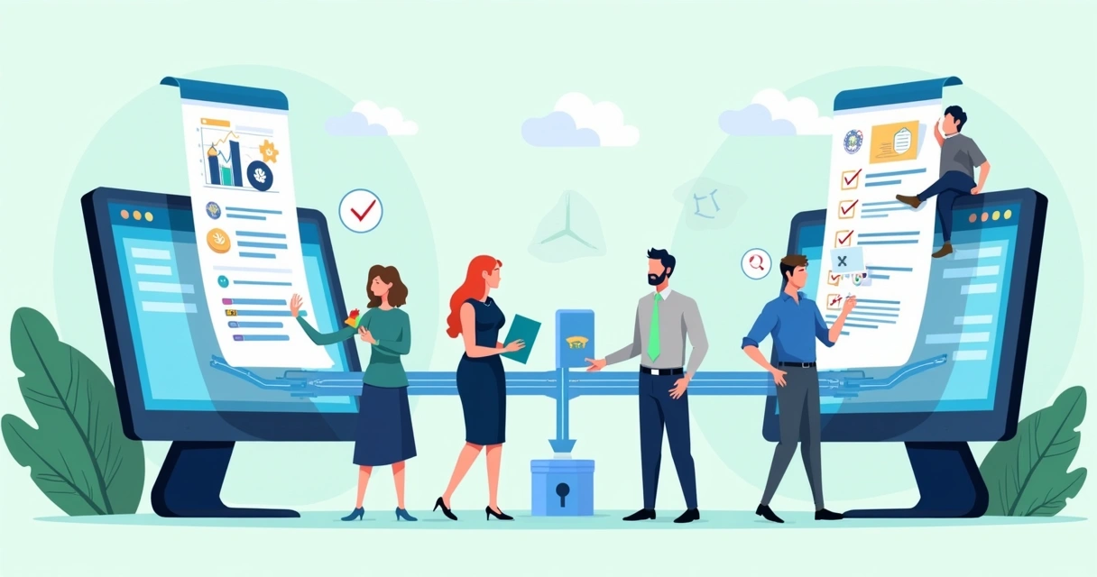 Ilustração plana corporativa mostrando transferência segura de dados entre plataformas de pagamento com gráficos, documentos e equipe colaborando