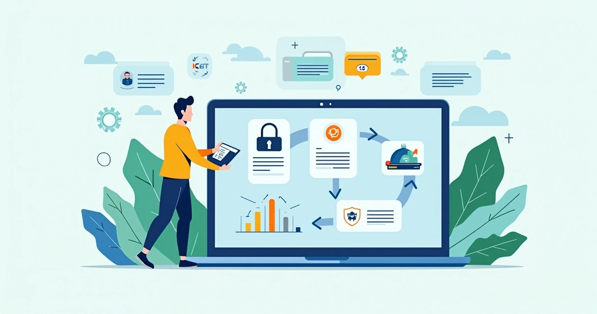 Ilustração corporativa plana mostrando migração entre gateways de pagamento com etapas detalhadas e conexões digitais