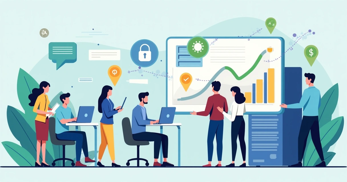 Ilustração flat corporativa mostrando profissionais de tecnologia realizando migração de plataforma digital com gráficos de desempenho e sinais de facilidade e segurança