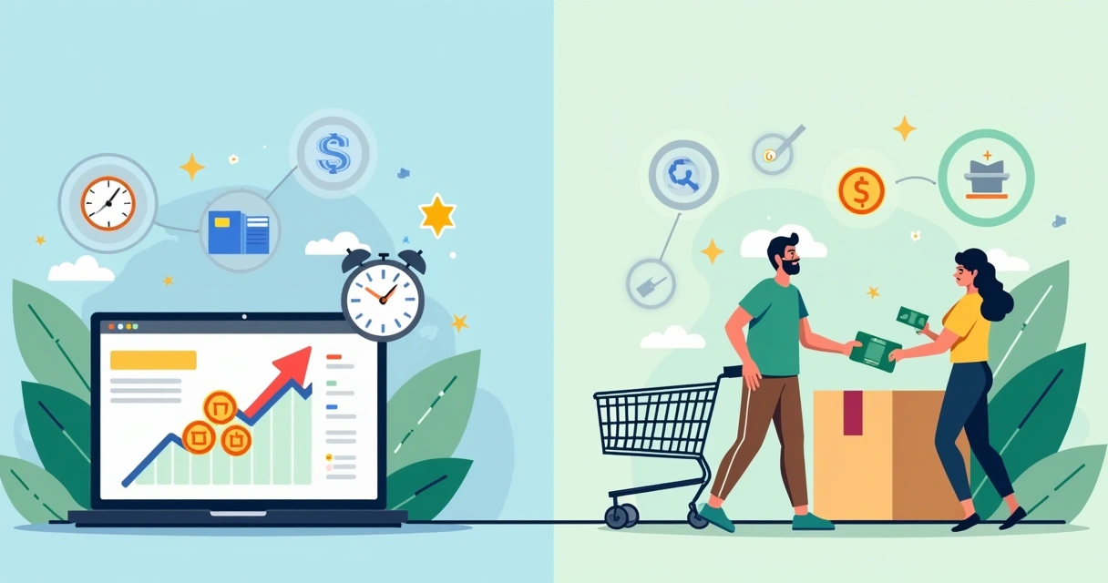 Ilustração plana corporativa mostrando comparação entre pagamento de infoprodutos e produtos físicos com ícones de relógio, moedas e carrinho de compras