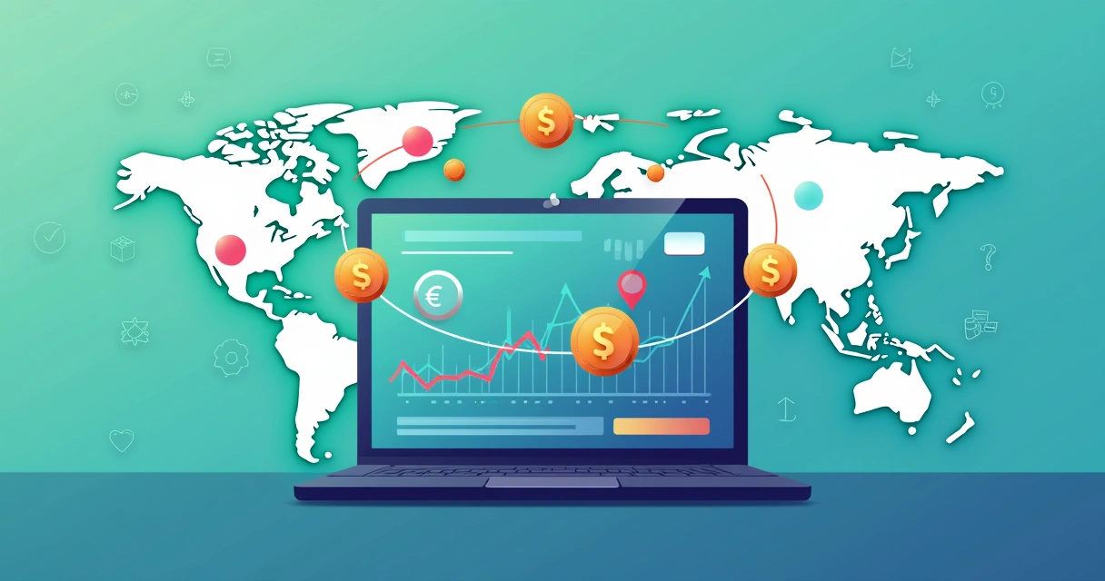 Ilustração corporativa de pagamentos multimoeda com símbolos de moedas globais, laptop e gráficos financeiros