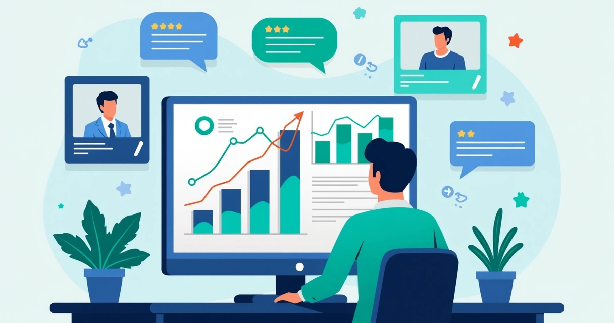 Ilustração corporativa plana mostrando uma pessoa analisando dados de crescimento em gráficos digitais na tela de um computador com gráficos ascendentes, depoimentos em vídeo e ícones de avaliações ao redor, em um ambiente moderno e colorido com tons de azul e verde