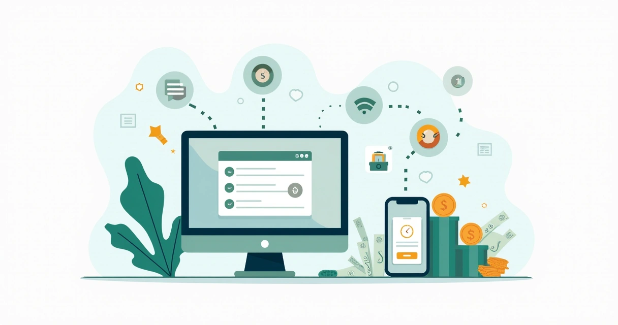 Ilustração corporativa mostrando etapas do processo de saque digital com computador, smartphone e ícones de dinheiro e relógio