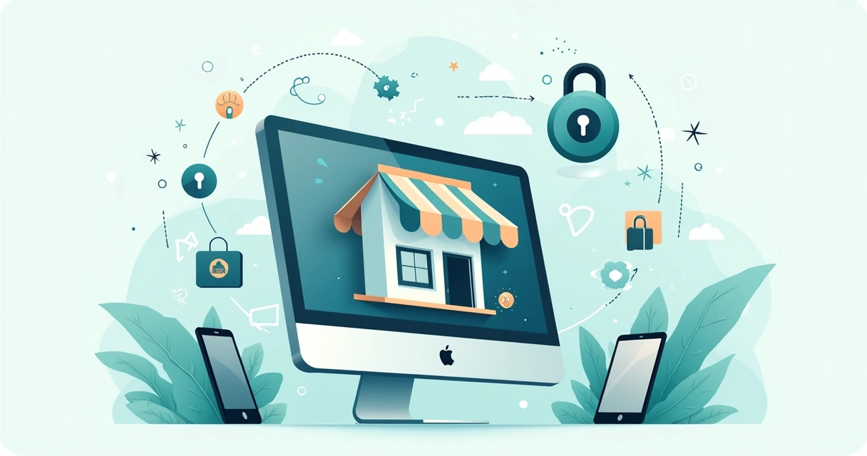 Ilustração digital corporativa mostrando uma loja online segura com cadeado, escudo e dispositivos conectados