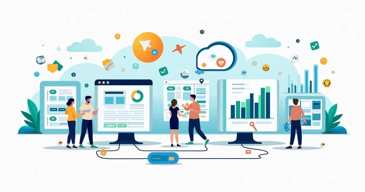 Ilustração corporativa flat mostrando diferentes perfis de dropshipping com ícones de nichos variados, gráficos de volume e ticket médio, e elementos de gateways de pagamento conectados