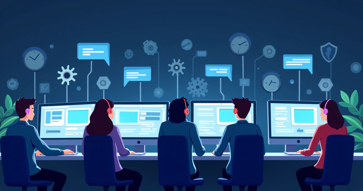 Ilustração plana corporativa mostrando equipe de suporte trabalhando em computadores à noite com elementos digitais ao redor