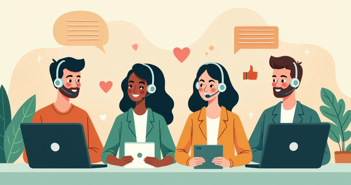 Equipe de atendimento ao cliente em suporte humanizado com expressões amigáveis e headset