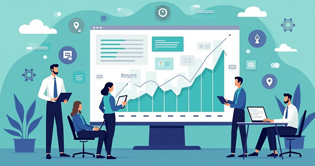 Ilustração corporativa de plataforma digital com gráficos de performance e equipe analisando dados de carga e desempenho