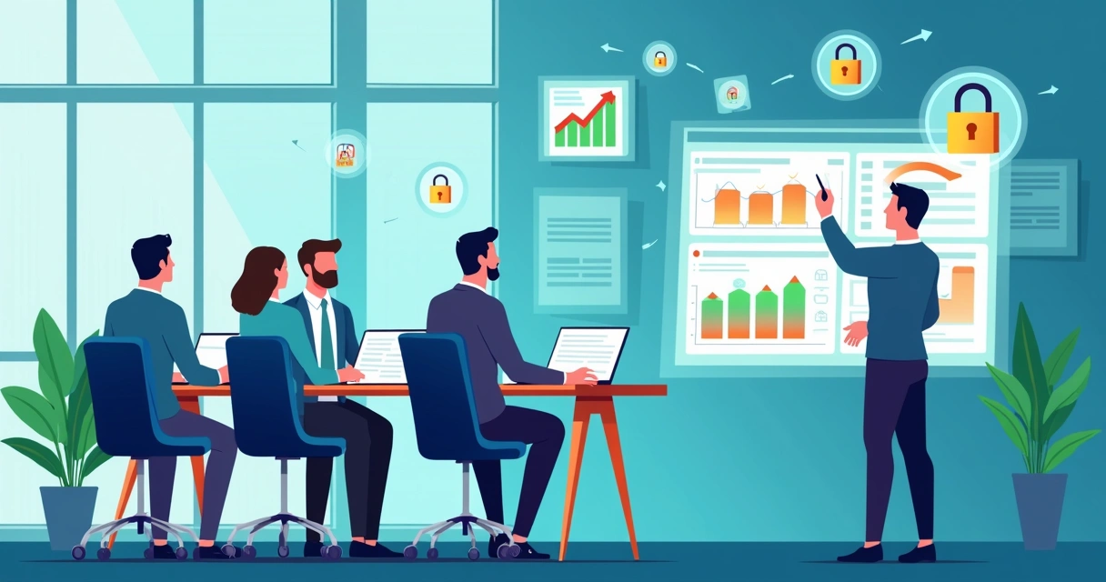 Ilustração corporativa de análise de segurança digital com profissionais avaliando gráficos e cadeados virtuais