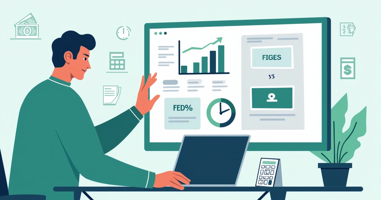 Pessoa analisando gráficos e tarifas em tela digital com ícones de dinheiro e taxas extras
